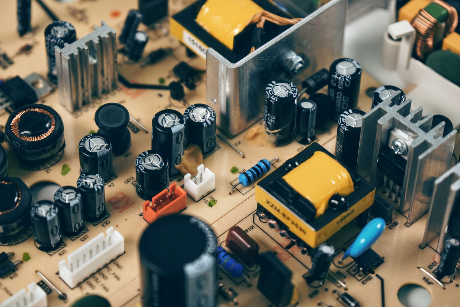 Close-up of a densely populated SMT board